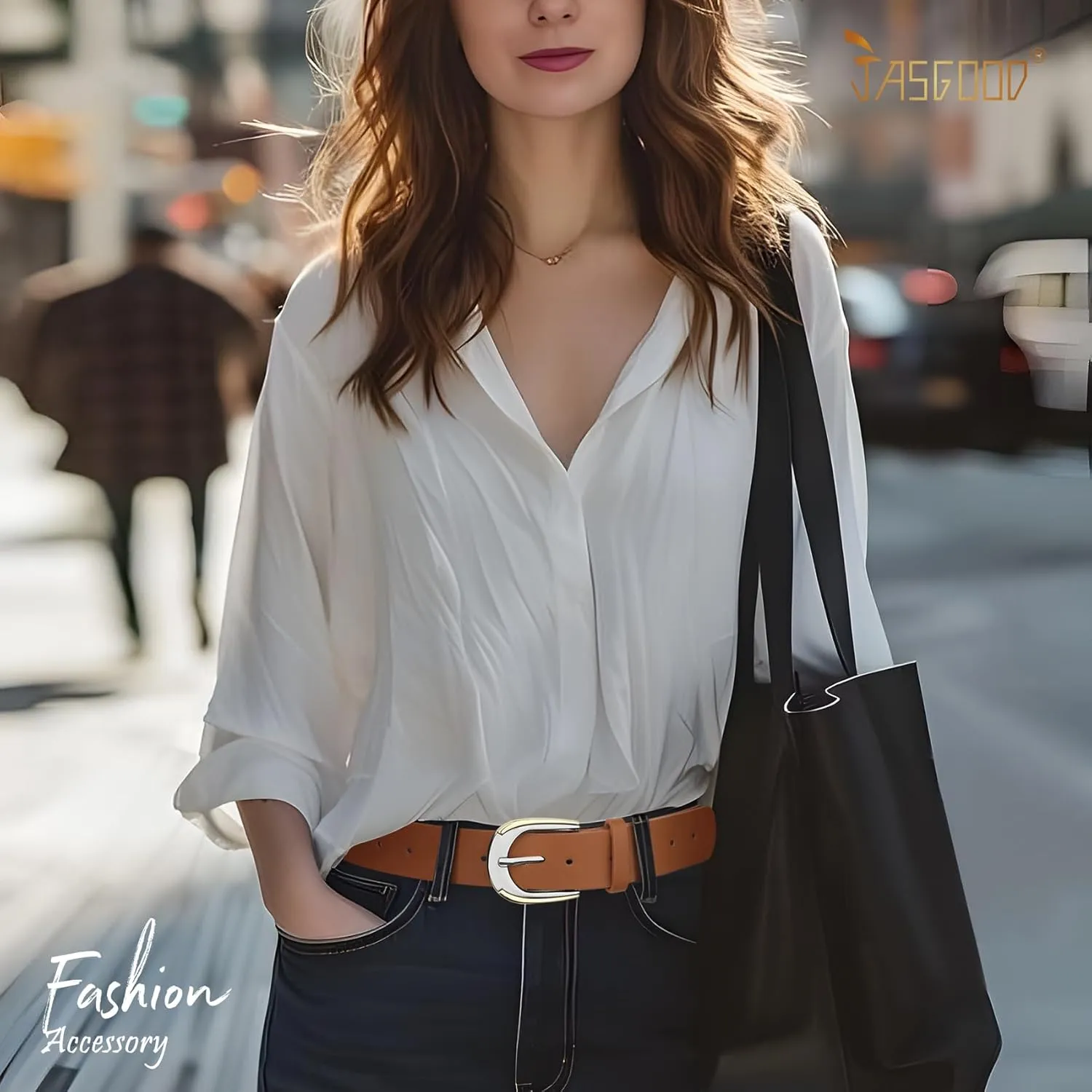 JASGOOD Women's Leather Belts for Jeans Pants Dresses Ladies Faux Leather Waist Belts with Gold and Silver Buckle