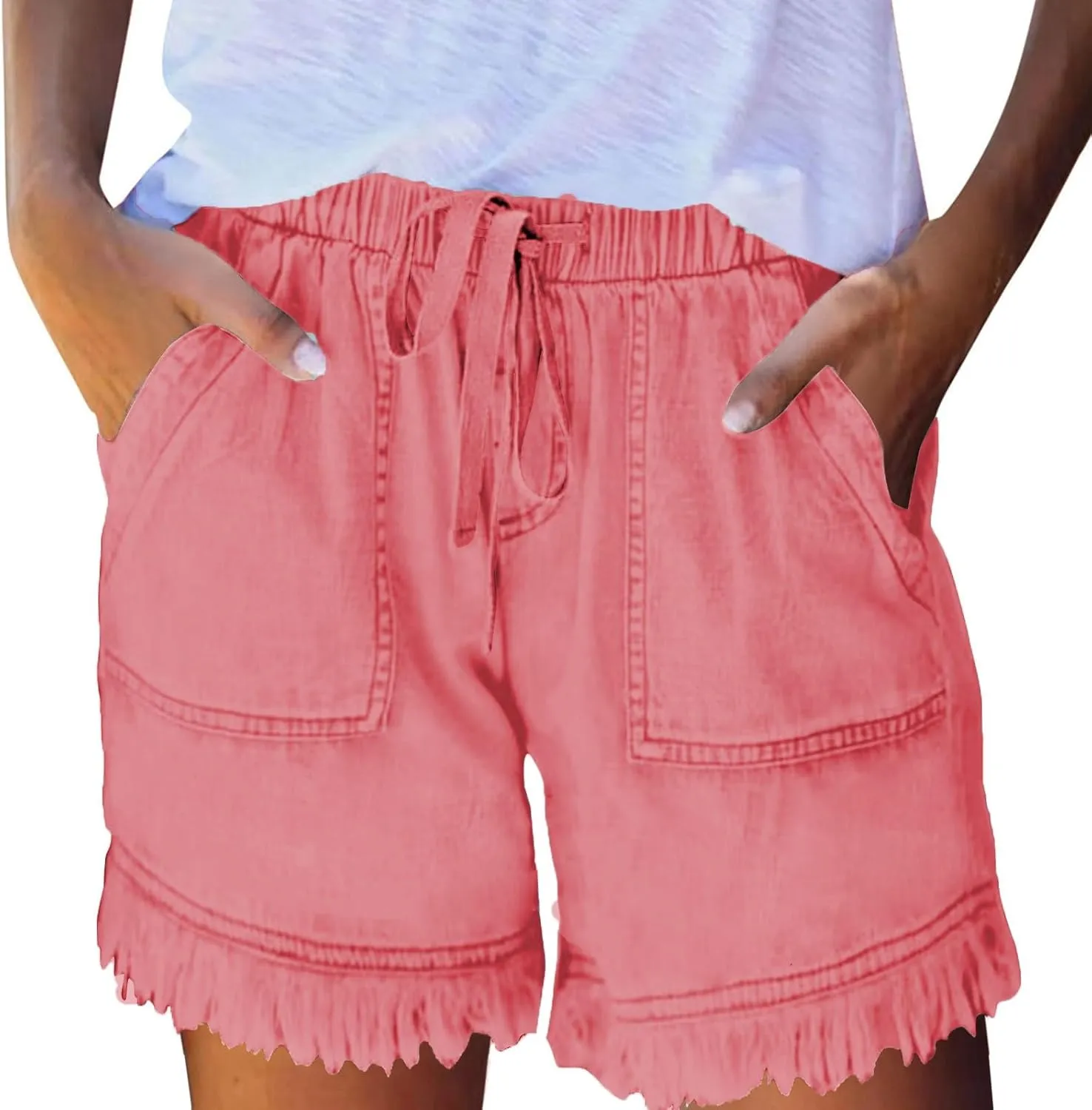 Jean Shorts Women High Waisted Drawstring Cut Off Denim Shorts Summer Hot Raw Hem Jeans Short Pants with Pockets