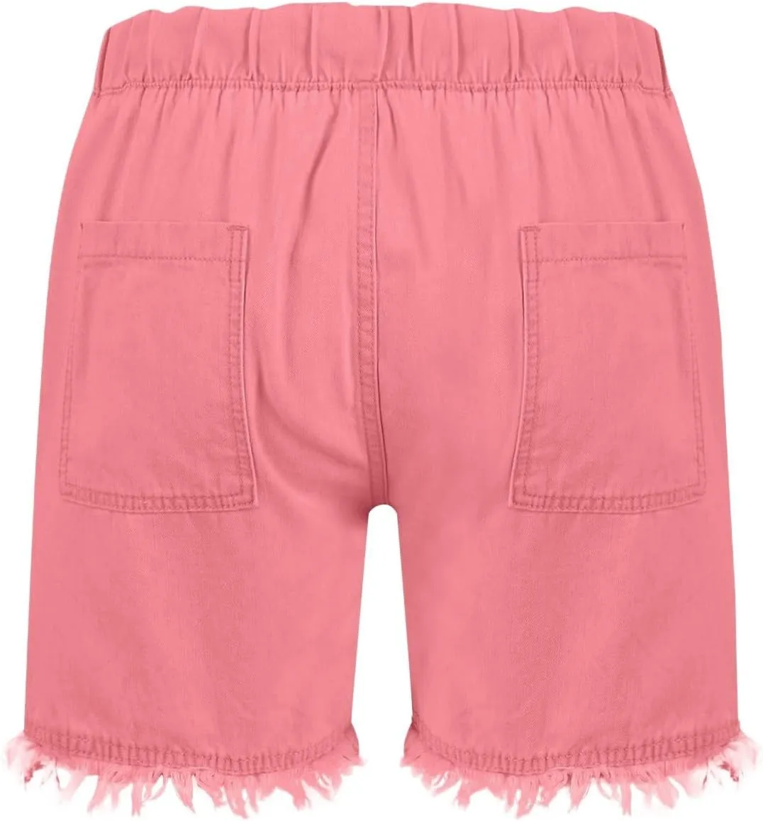 Jean Shorts Women High Waisted Drawstring Cut Off Denim Shorts Summer Hot Raw Hem Jeans Short Pants with Pockets