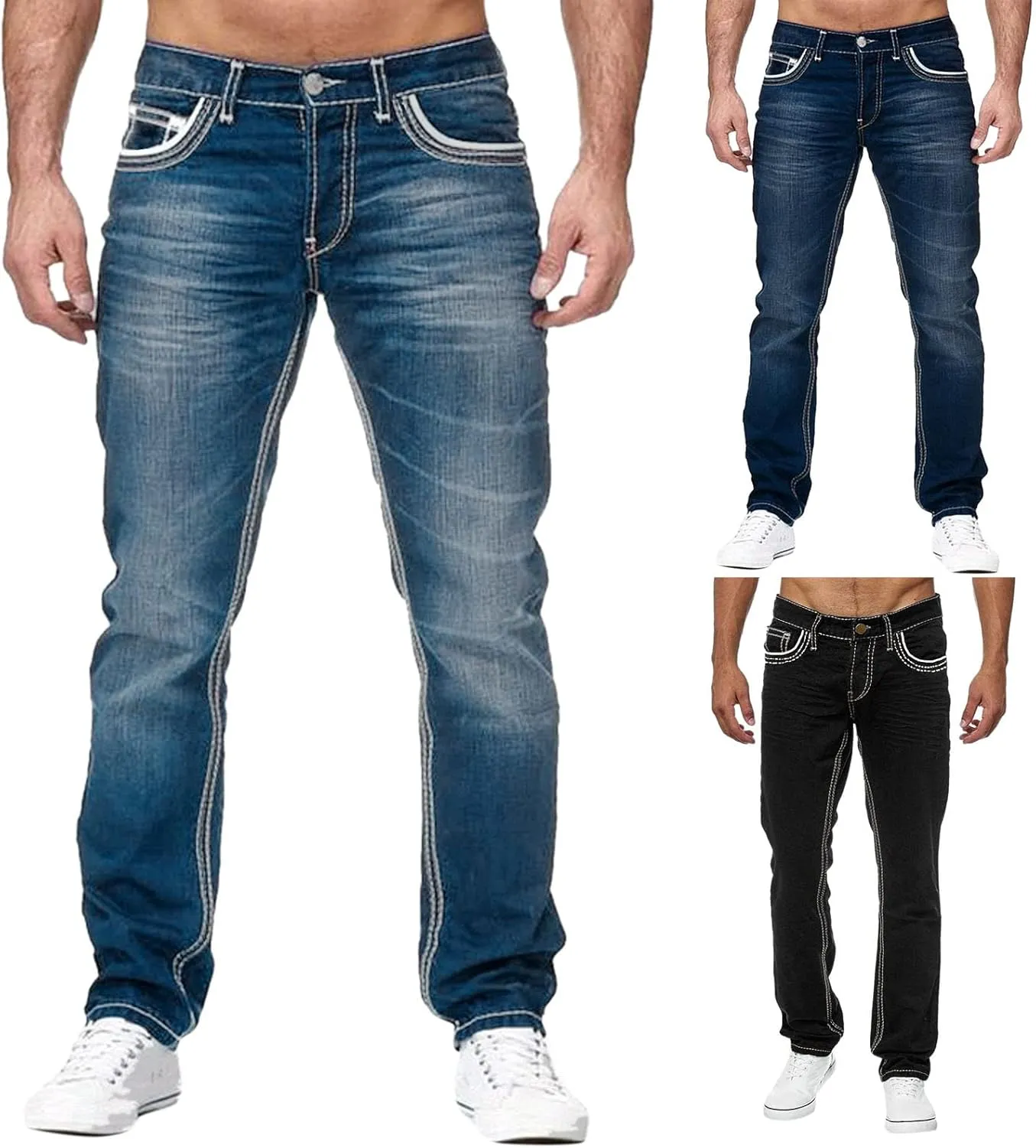 Jeans for Men Relaxed Fit Mid-Rise Straight-Leg Jean Stretch Casual Flat Front Classic Tapered Leg Moto Biker Jeans