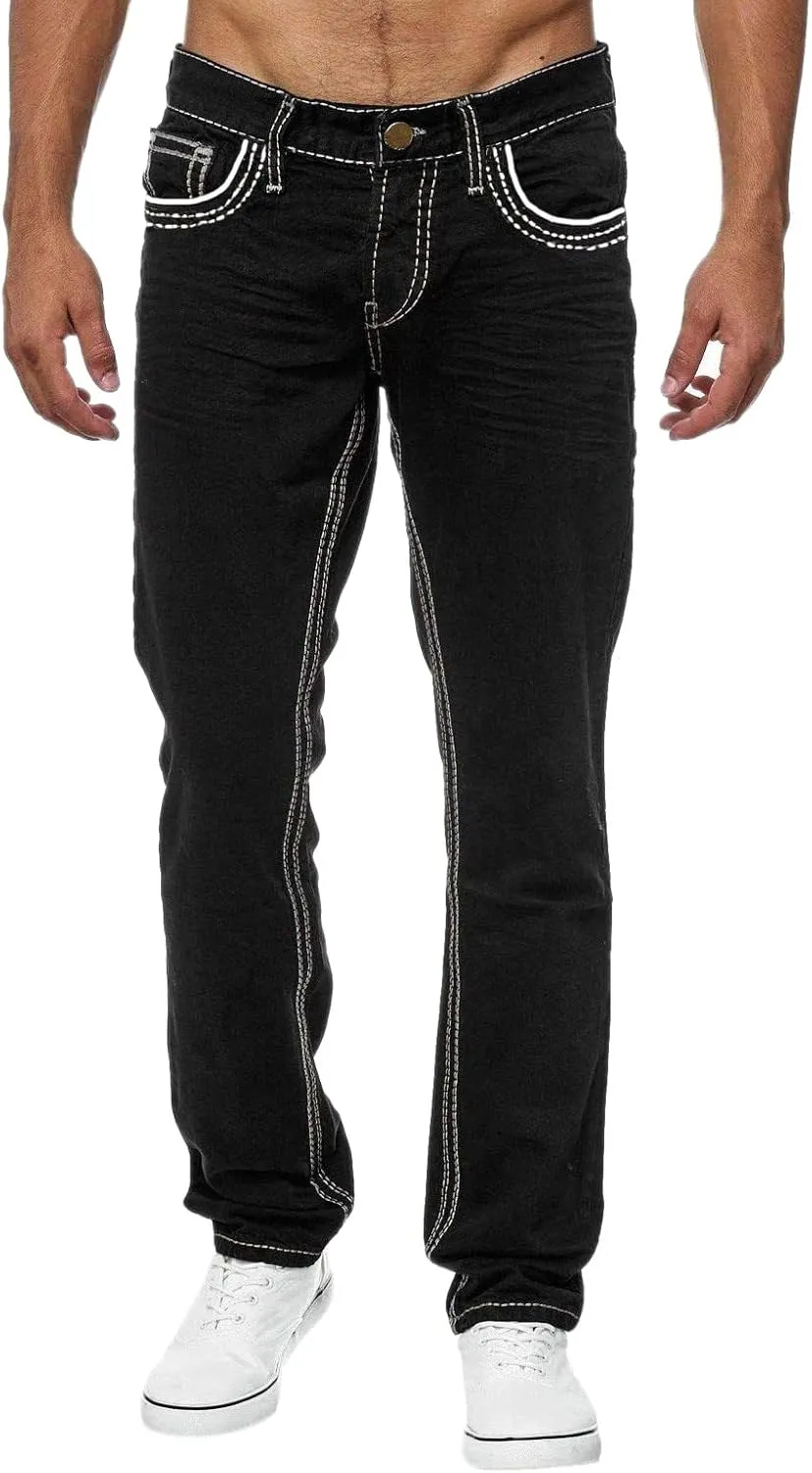 Jeans for Men Relaxed Fit Mid-Rise Straight-Leg Jean Stretch Casual Flat Front Classic Tapered Leg Moto Biker Jeans