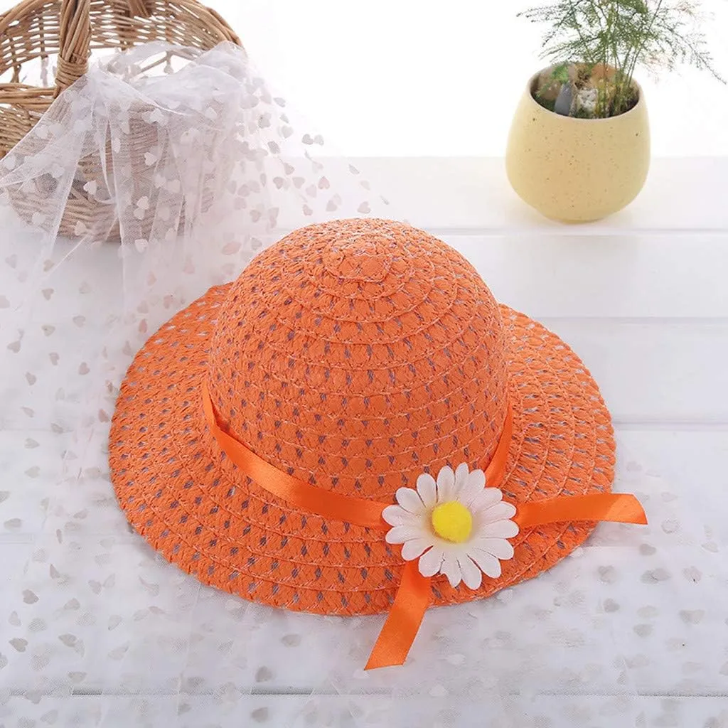 Kids 𝐒traw Hat Wide Brim Floppy Woven Sun Visor Hat Little Girls Sun Hat Gardening Hat with Flower for Tea Party