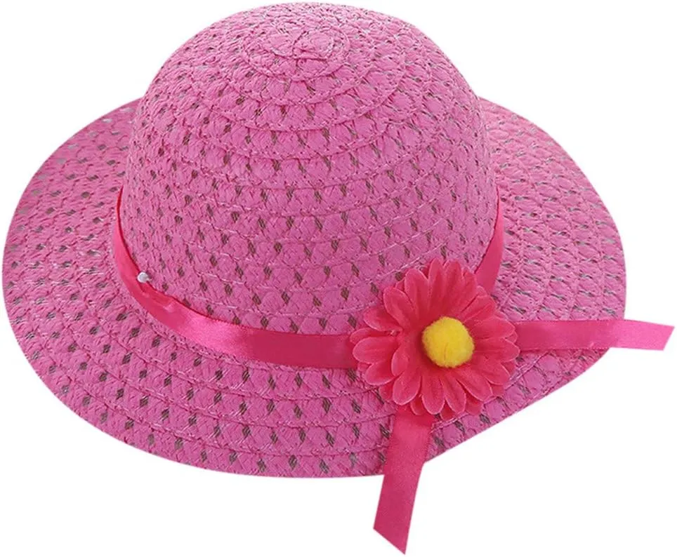Kids 𝐒traw Hat Wide Brim Floppy Woven Sun Visor Hat Little Girls Sun Hat Gardening Hat with Flower for Tea Party