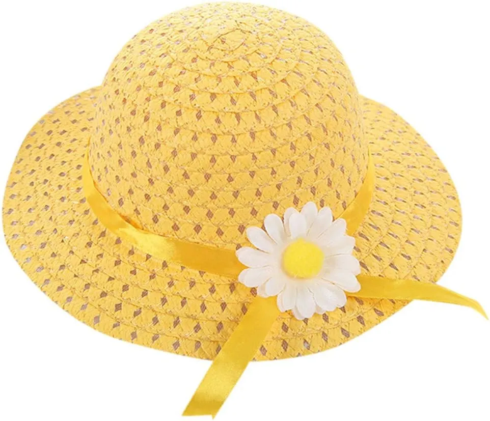 Kids 𝐒traw Hat Wide Brim Floppy Woven Sun Visor Hat Little Girls Sun Hat Gardening Hat with Flower for Tea Party