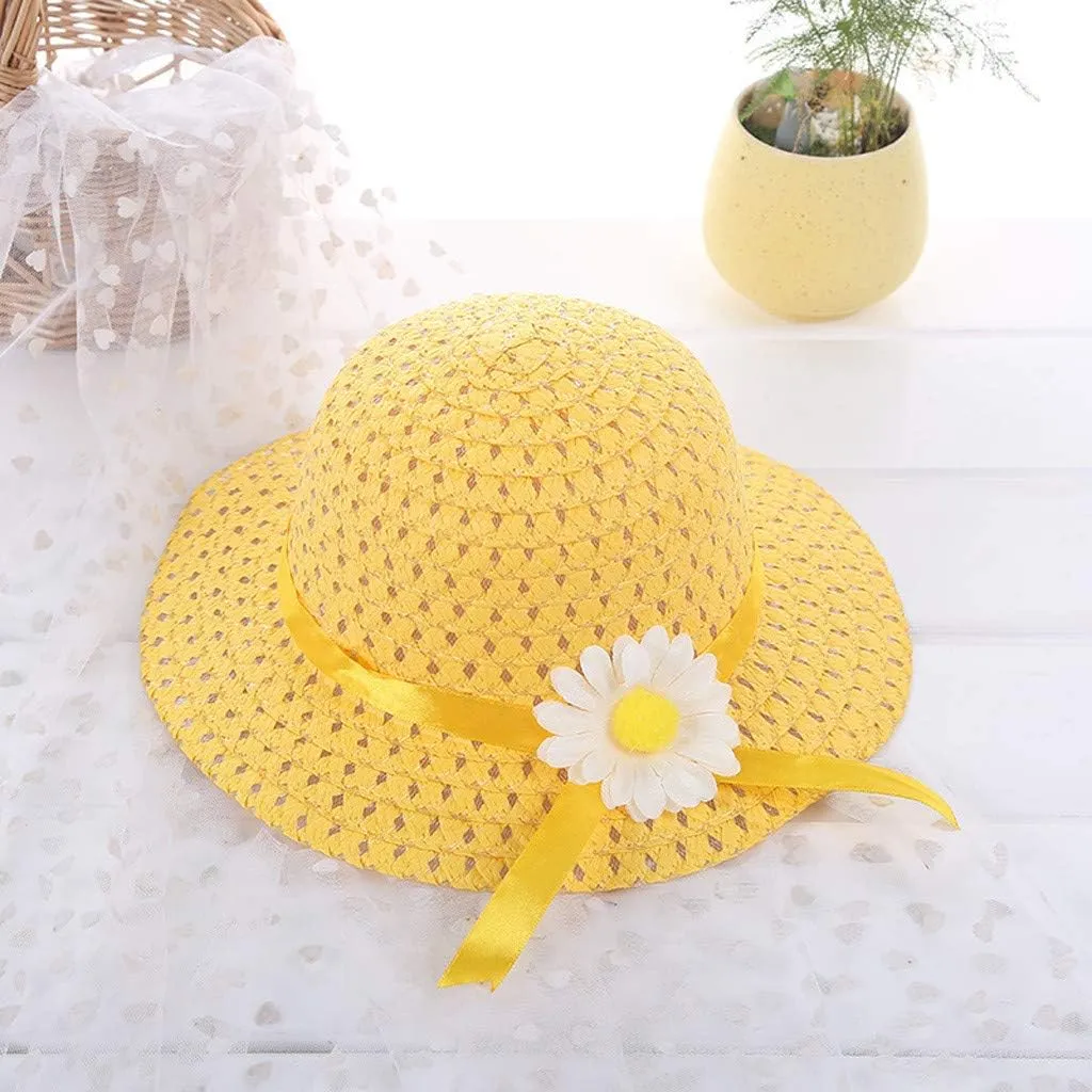 Kids 𝐒traw Hat Wide Brim Floppy Woven Sun Visor Hat Little Girls Sun Hat Gardening Hat with Flower for Tea Party