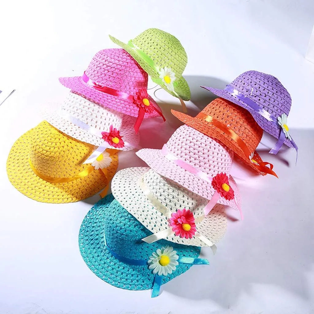 Kids 𝐒traw Hat Wide Brim Floppy Woven Sun Visor Hat Little Girls Sun Hat Gardening Hat with Flower for Tea Party