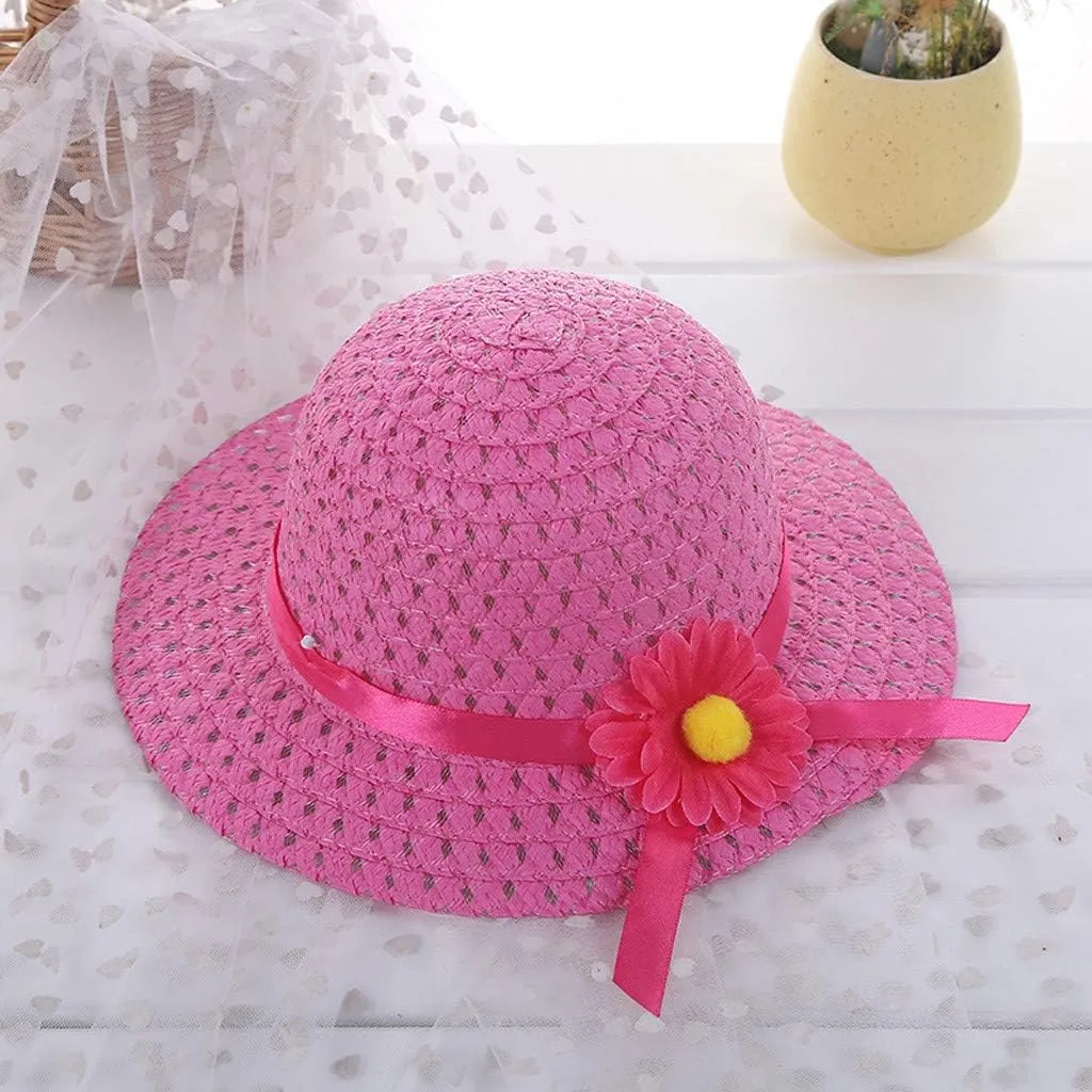 Kids 𝐒traw Hat Wide Brim Floppy Woven Sun Visor Hat Little Girls Sun Hat Gardening Hat with Flower for Tea Party