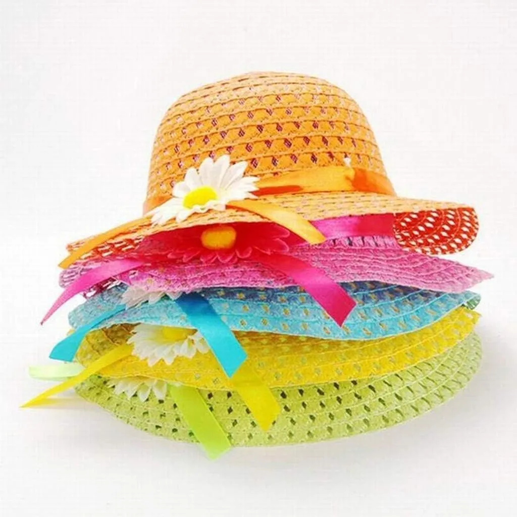 Kids 𝐒traw Hat Wide Brim Floppy Woven Sun Visor Hat Little Girls Sun Hat Gardening Hat with Flower for Tea Party