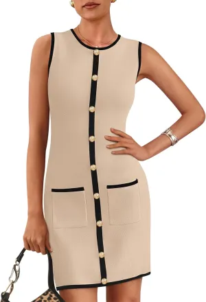 KIRUNDO Women's Semi Formal Business Casual Dress 2025 Summer Elegant Knit Slim Fit Color Block Button Work Office Dresses