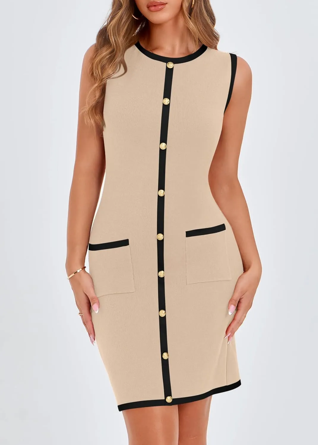 KIRUNDO Women's Semi Formal Business Casual Dress 2025 Summer Elegant Knit Slim Fit Color Block Button Work Office Dresses