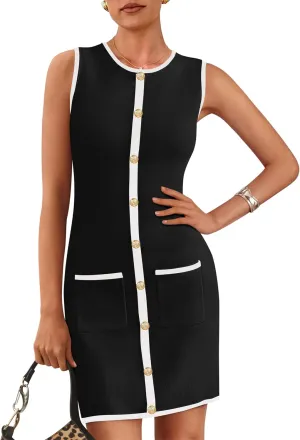 KIRUNDO Women's Semi Formal Business Casual Dress 2025 Summer Elegant Knit Slim Fit Color Block Button Work Office Dresses