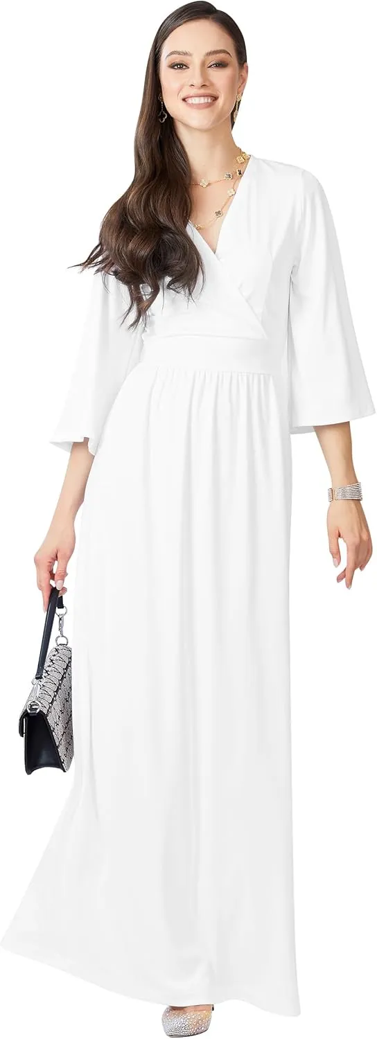KOH KOH Womens Long Kimono Sleeve V-Neck Wrap Belted Empire Flowy Maxi Dress