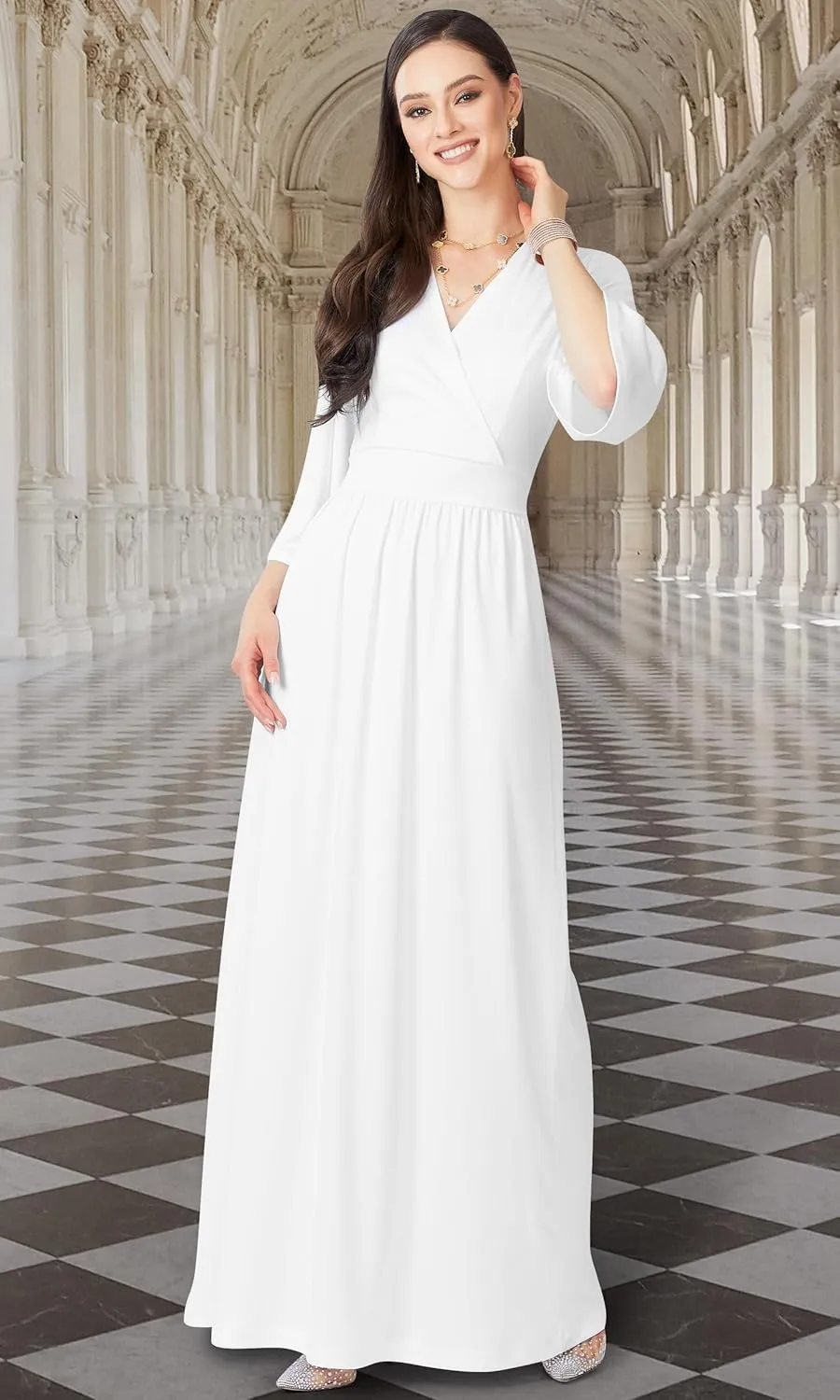KOH KOH Womens Long Kimono Sleeve V-Neck Wrap Belted Empire Flowy Maxi Dress