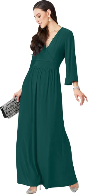 KOH KOH Womens Long Kimono Sleeve V-Neck Wrap Belted Empire Flowy Maxi Dress