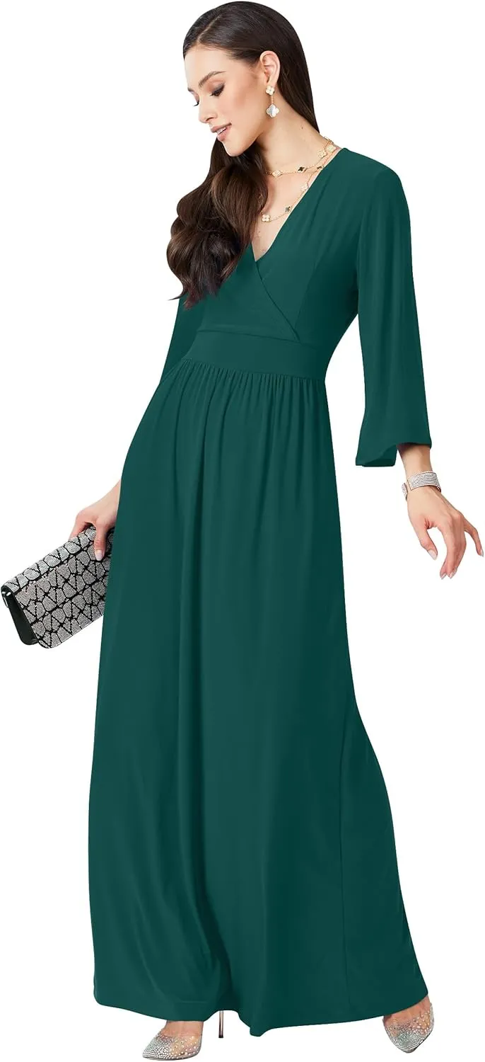 KOH KOH Womens Long Kimono Sleeve V-Neck Wrap Belted Empire Flowy Maxi Dress