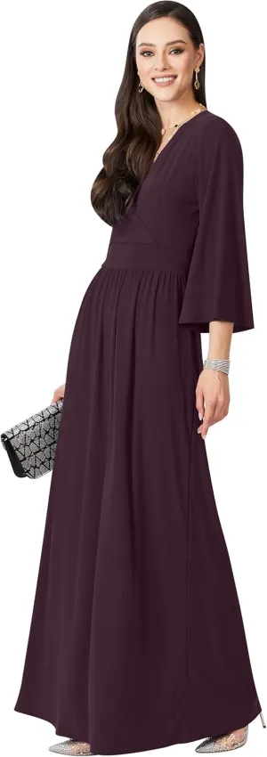 KOH KOH Womens Long Kimono Sleeve V-Neck Wrap Belted Empire Flowy Maxi Dress
