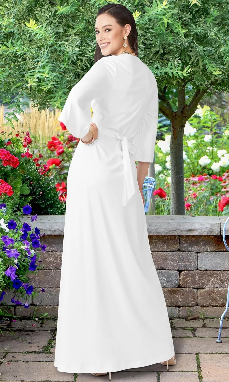 KOH KOH Womens Long Kimono Sleeve V-Neck Wrap Belted Empire Flowy Maxi Dress