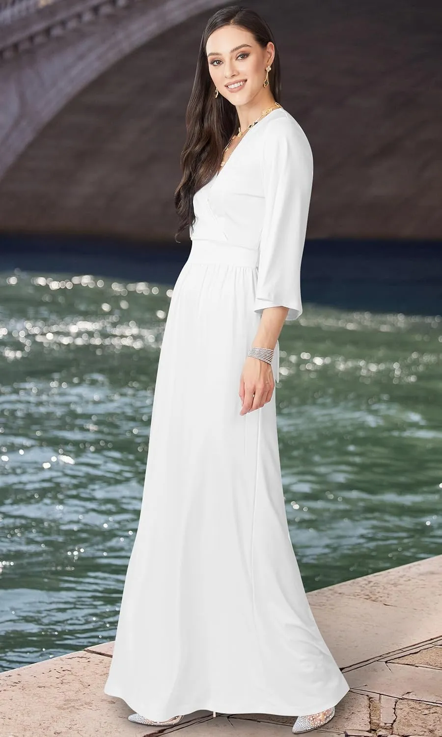 KOH KOH Womens Long Kimono Sleeve V-Neck Wrap Belted Empire Flowy Maxi Dress
