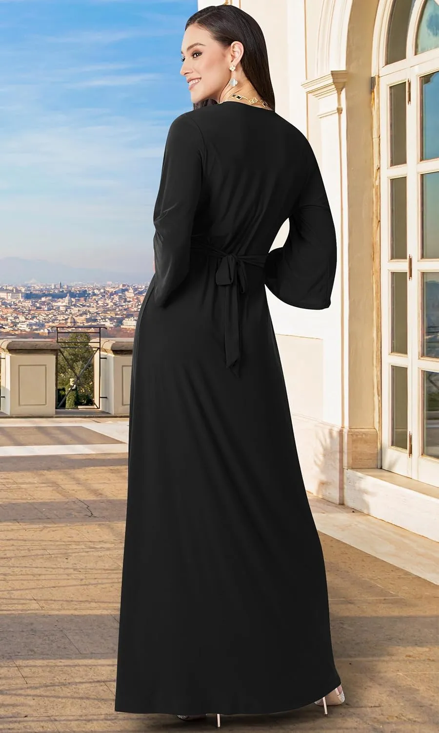 KOH KOH Womens Long Kimono Sleeve V-Neck Wrap Belted Empire Flowy Maxi Dress