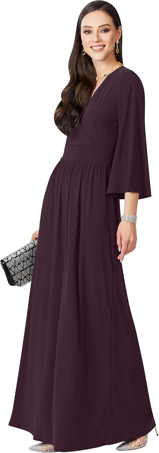 KOH KOH Womens Long Kimono Sleeve V-Neck Wrap Belted Empire Flowy Maxi Dress