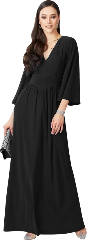 KOH KOH Womens Long Kimono Sleeve V-Neck Wrap Belted Empire Flowy Maxi Dress