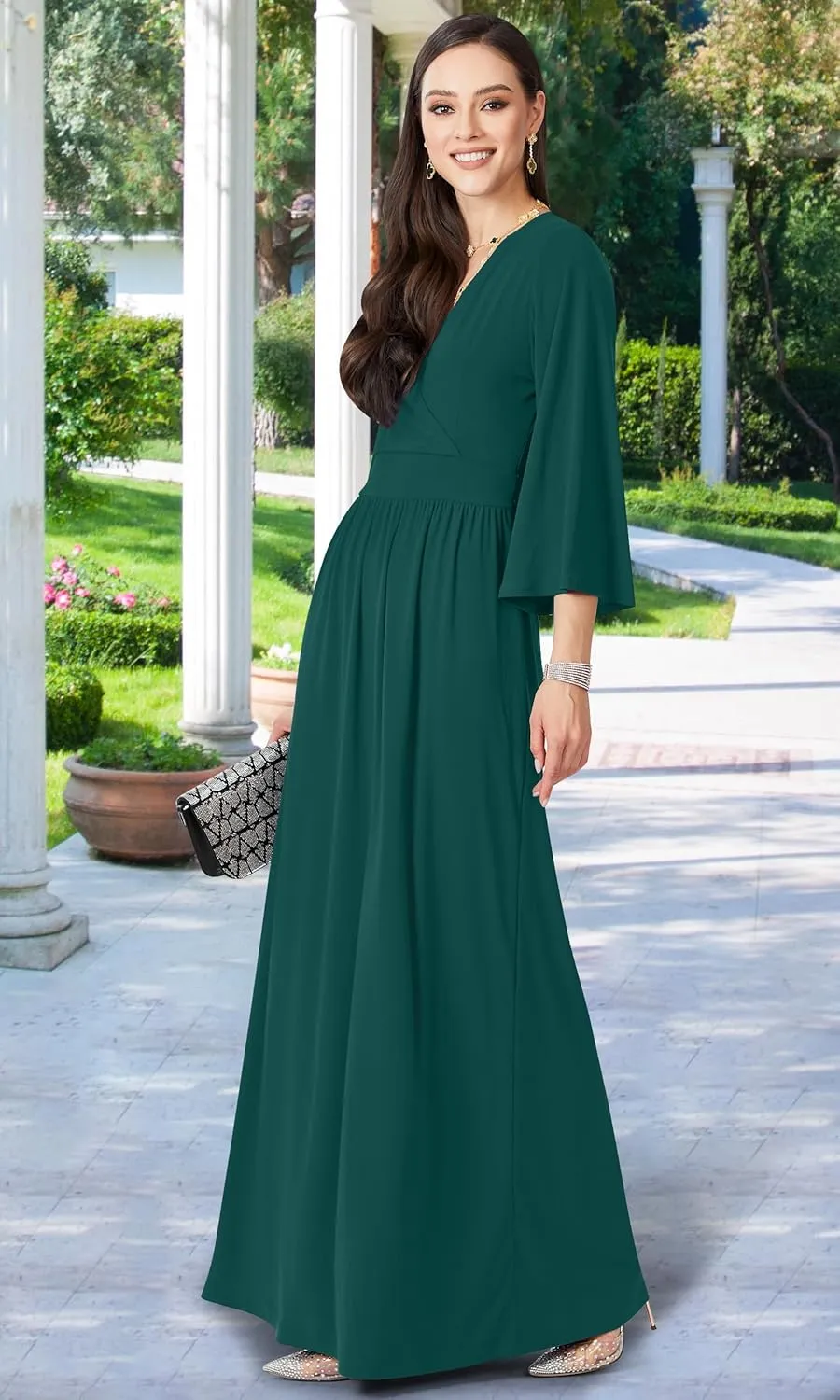 KOH KOH Womens Long Kimono Sleeve V-Neck Wrap Belted Empire Flowy Maxi Dress