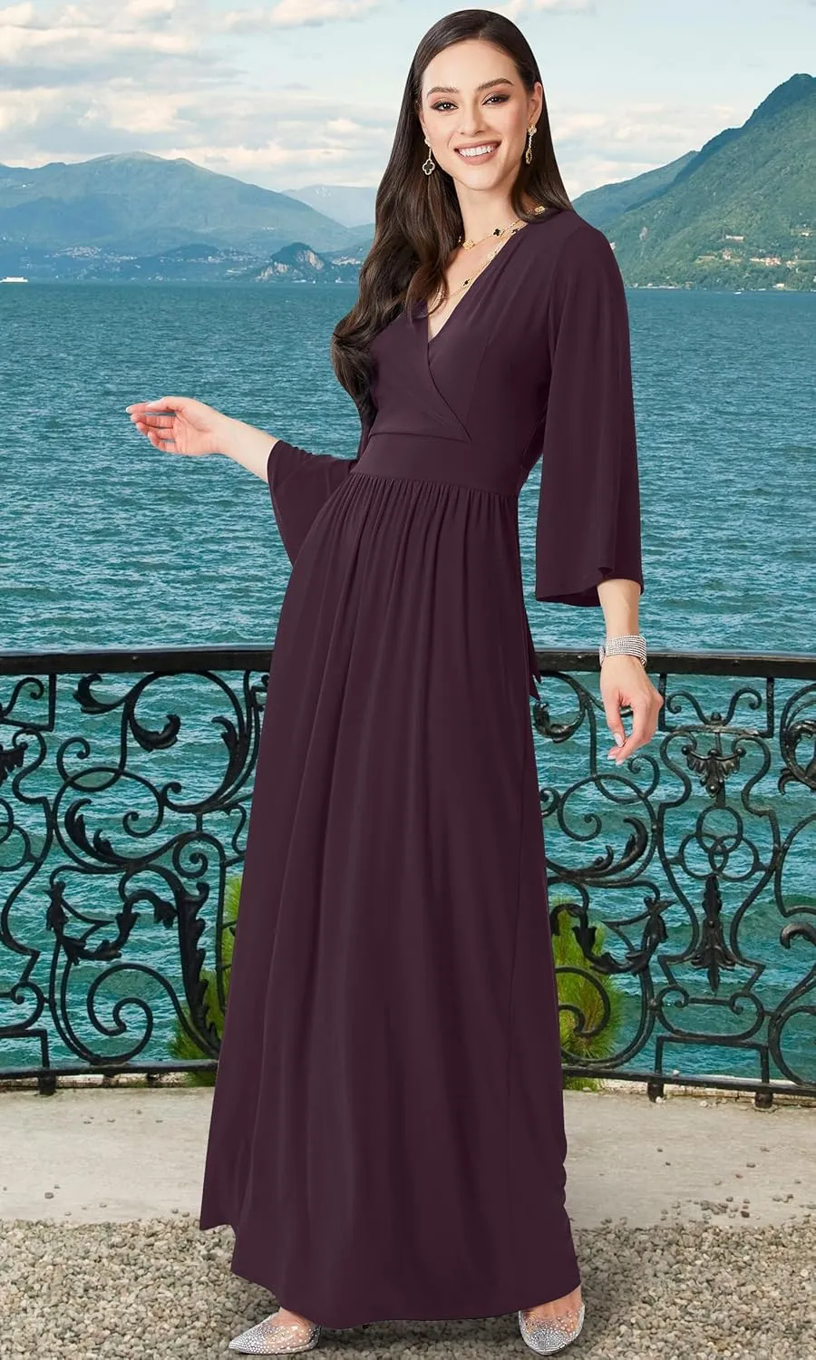 KOH KOH Womens Long Kimono Sleeve V-Neck Wrap Belted Empire Flowy Maxi Dress