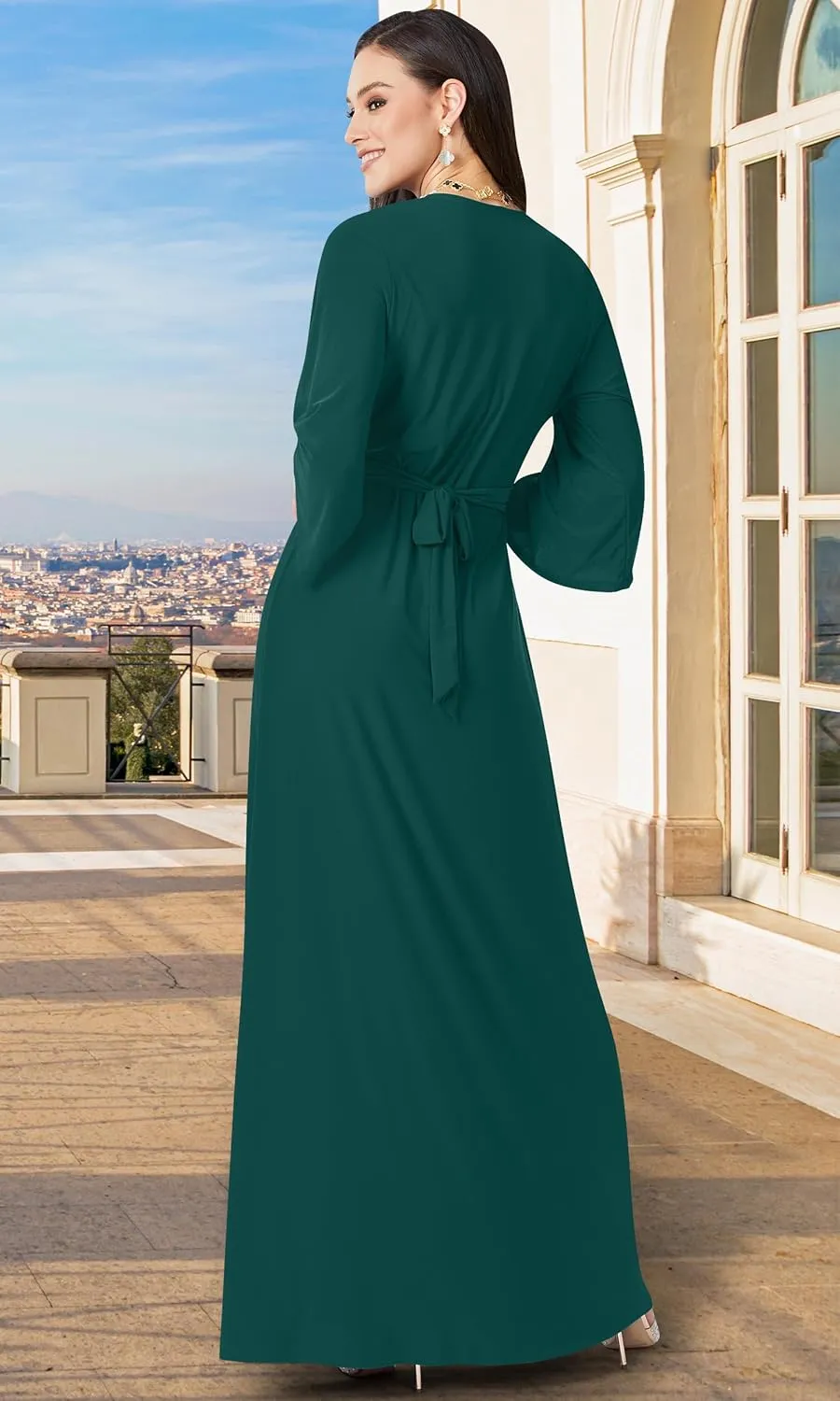 KOH KOH Womens Long Kimono Sleeve V-Neck Wrap Belted Empire Flowy Maxi Dress