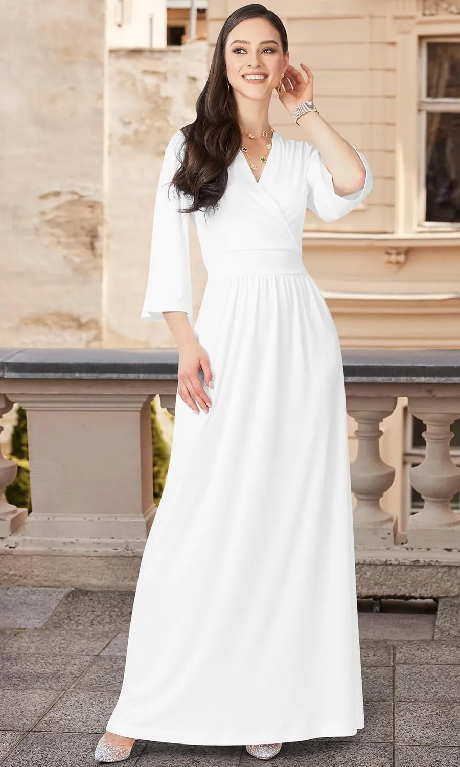 KOH KOH Womens Long Kimono Sleeve V-Neck Wrap Belted Empire Flowy Maxi Dress