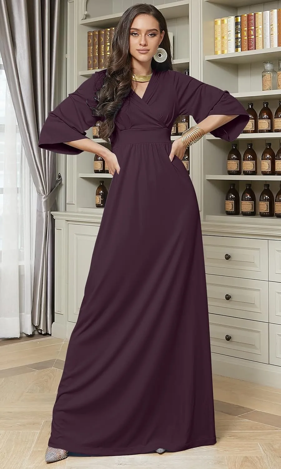KOH KOH Womens Long Kimono Sleeve V-Neck Wrap Belted Empire Flowy Maxi Dress