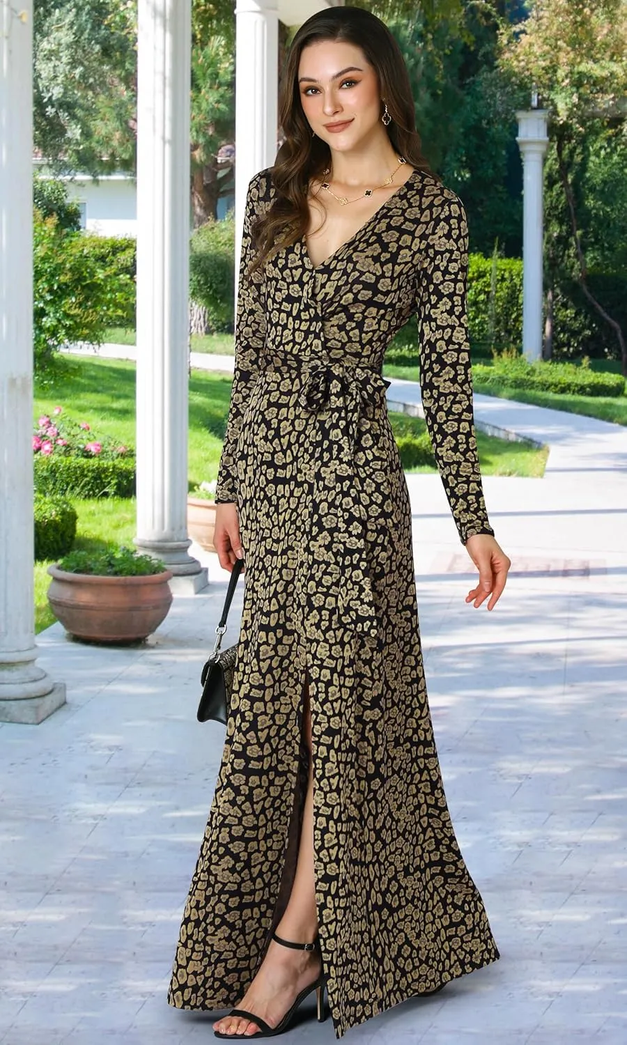 KOH KOH Womens Long Sleeve V-Neck High Slit Cocktail Evening Gown Maxi Dress