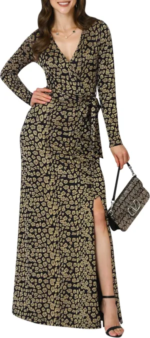 KOH KOH Womens Long Sleeve V-Neck High Slit Cocktail Evening Gown Maxi Dress