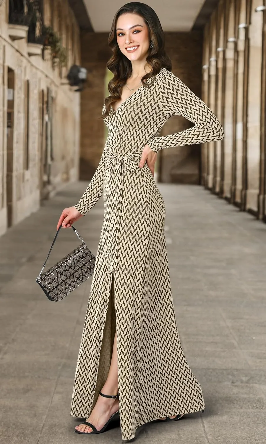 KOH KOH Womens Long Sleeve V-Neck High Slit Cocktail Evening Gown Maxi Dress