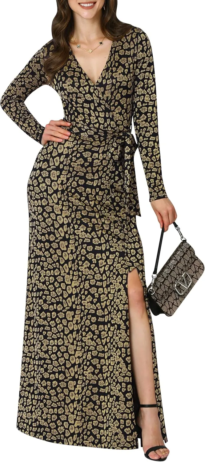 KOH KOH Womens Long Sleeve V-Neck High Slit Cocktail Evening Gown Maxi Dress