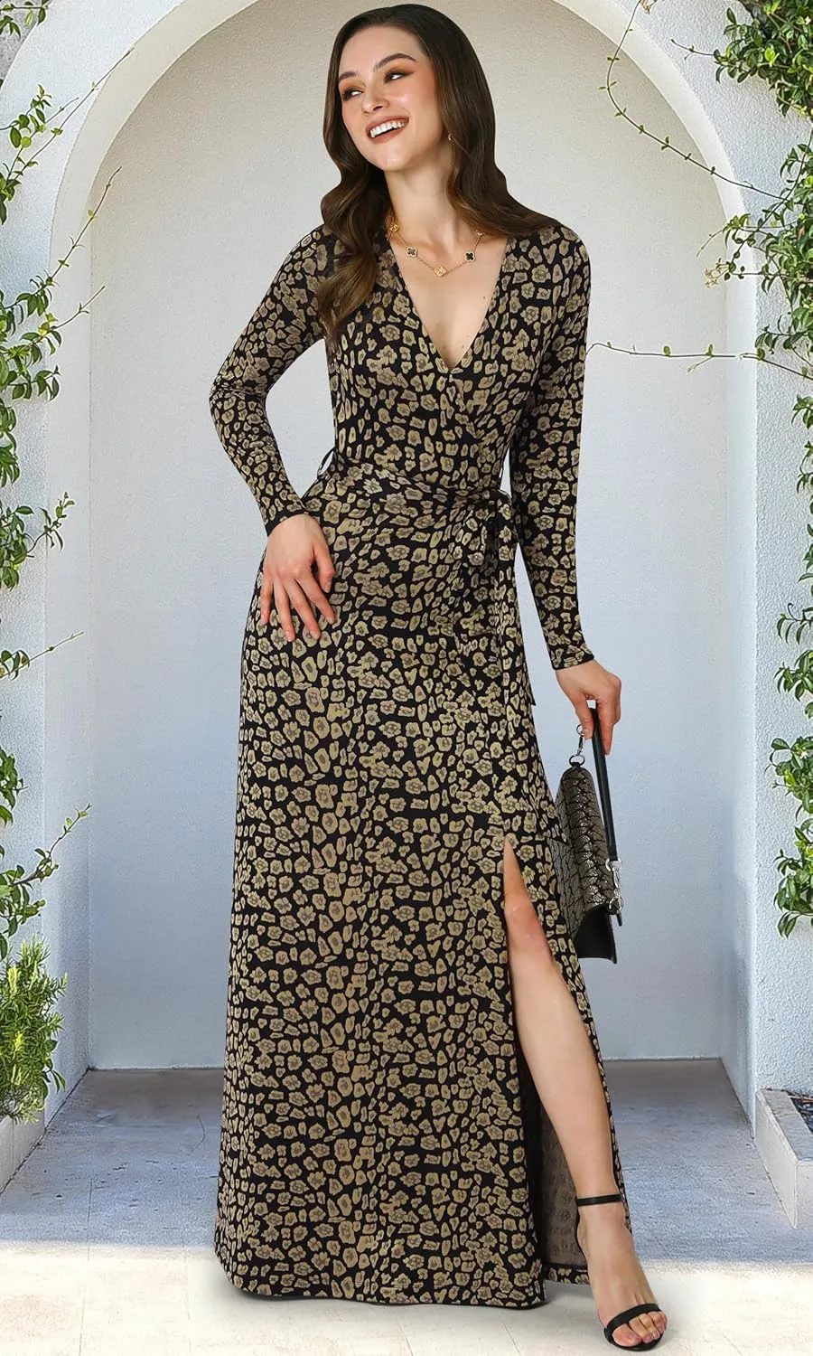 KOH KOH Womens Long Sleeve V-Neck High Slit Cocktail Evening Gown Maxi Dress