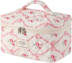 Large Quilted Makeup Bag for Women and Girls, Cute Coquette Floral Cotton Cosmetic Bag, Aesthetic Travel Organized Toiletry Bags (01Pink Bows)