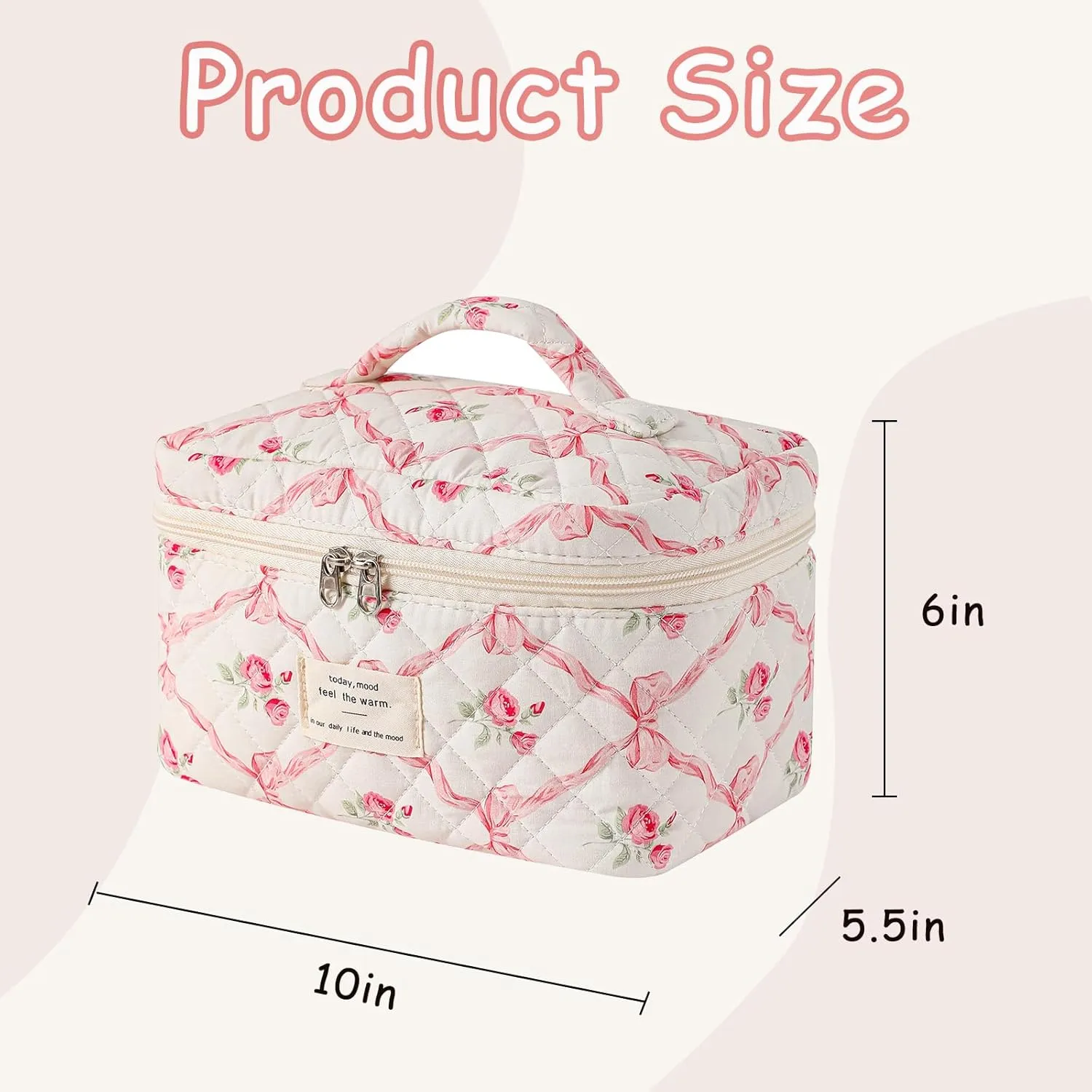 Large Quilted Makeup Bag for Women and Girls, Cute Coquette Floral Cotton Cosmetic Bag, Aesthetic Travel Organized Toiletry Bags (01Pink Bows)