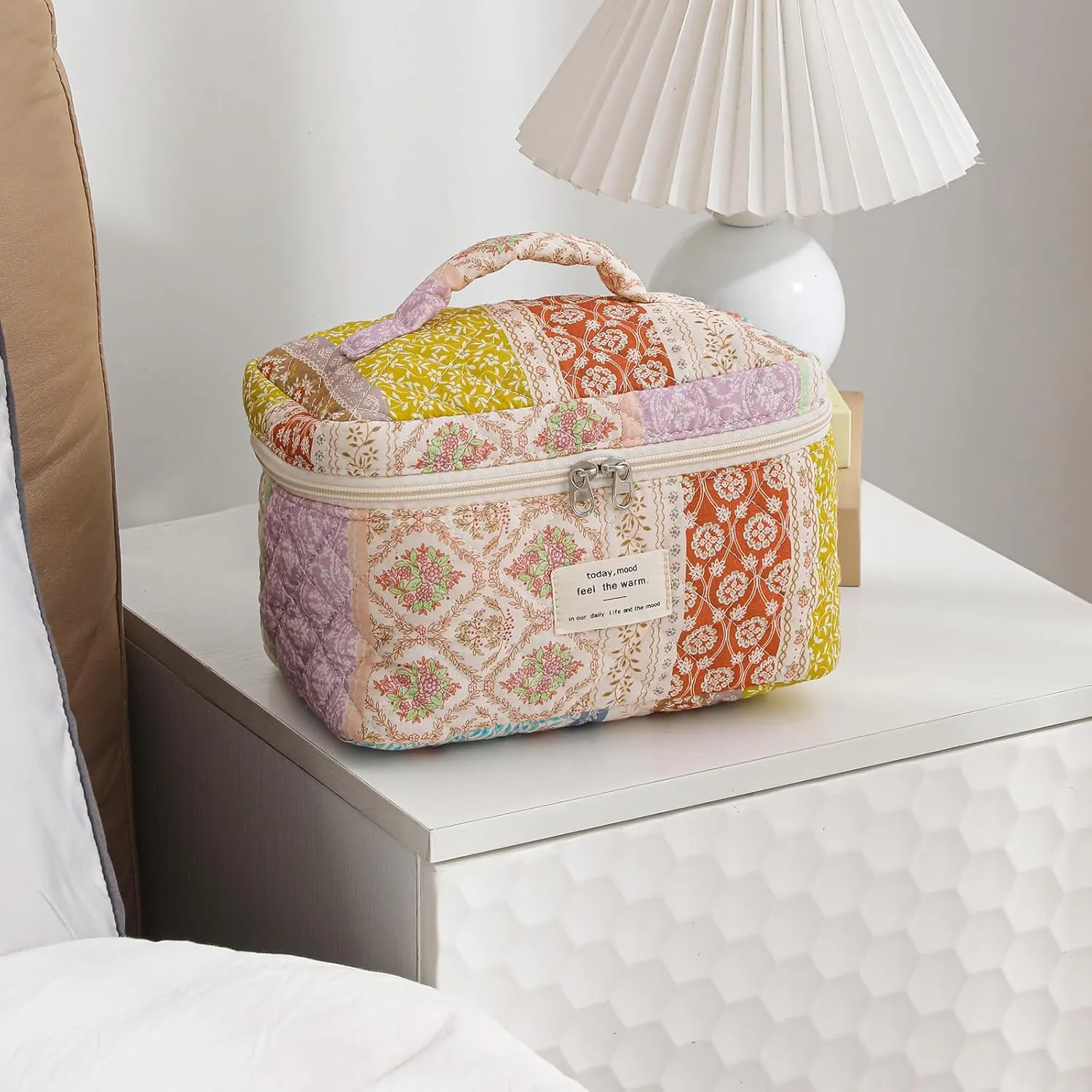 Large Quilted Makeup Bag for Women and Girls, Cute Coquette Floral Cotton Cosmetic Bag, Aesthetic Travel Organized Toiletry Bags (04Brwon Flower)