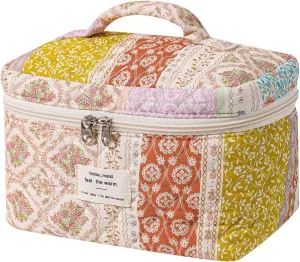 Large Quilted Makeup Bag for Women and Girls, Cute Coquette Floral Cotton Cosmetic Bag, Aesthetic Travel Organized Toiletry Bags (04Brwon Flower)