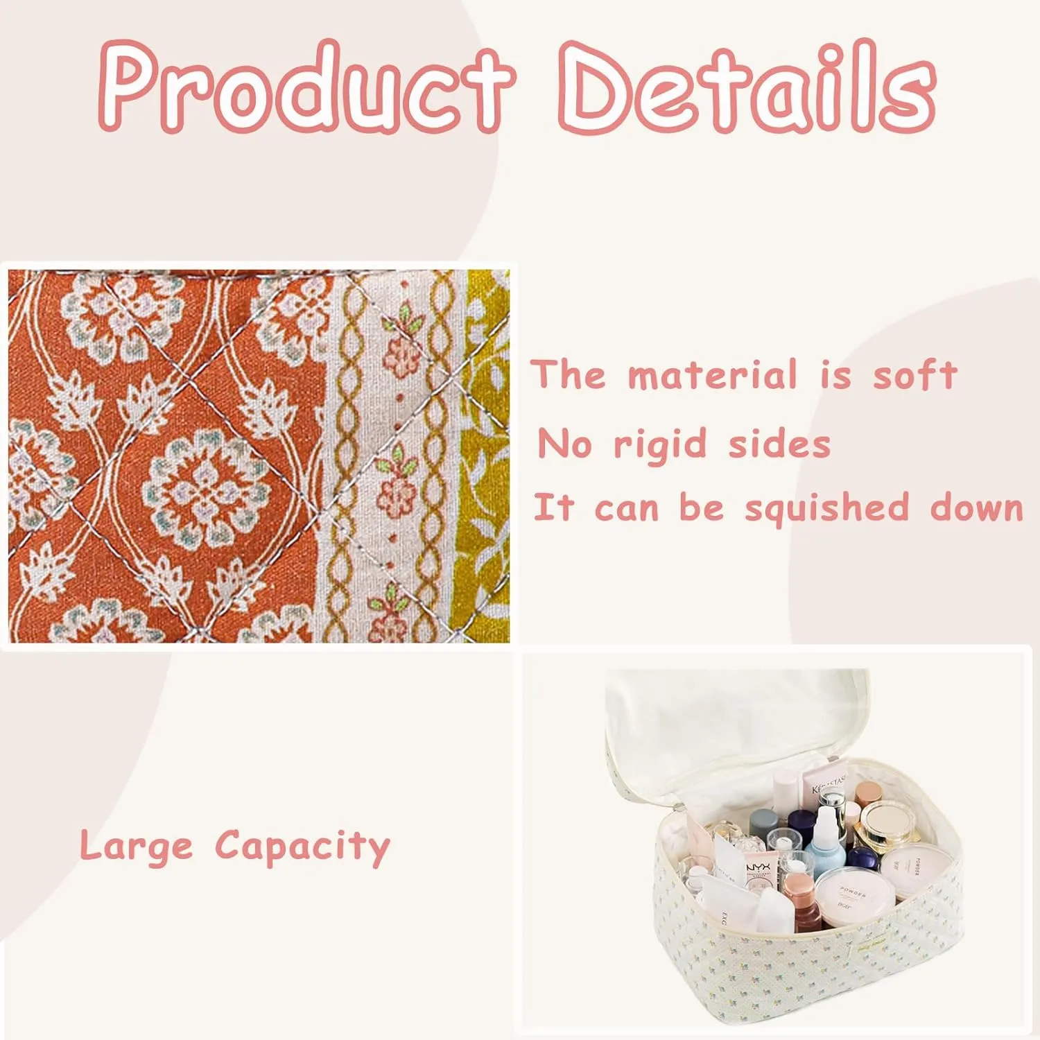 Large Quilted Makeup Bag for Women and Girls, Cute Coquette Floral Cotton Cosmetic Bag, Aesthetic Travel Organized Toiletry Bags (04Brwon Flower)