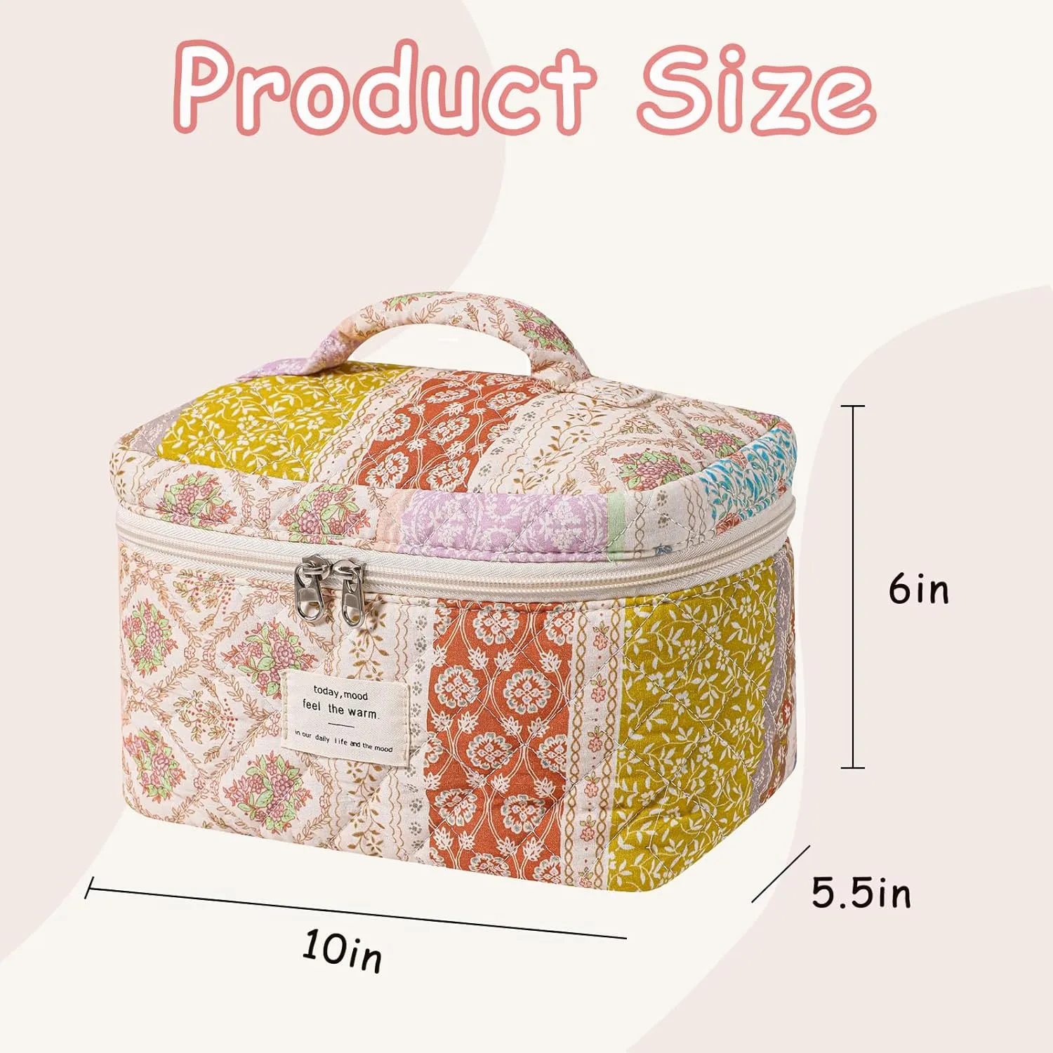 Large Quilted Makeup Bag for Women and Girls, Cute Coquette Floral Cotton Cosmetic Bag, Aesthetic Travel Organized Toiletry Bags (04Brwon Flower)