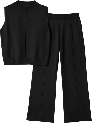 LILLUSORY Lounge Sets for Women Summer 2 Piece Outfits 2025 Two Piece Vacation Matching Mock Neck Sweater Set Tracksuit