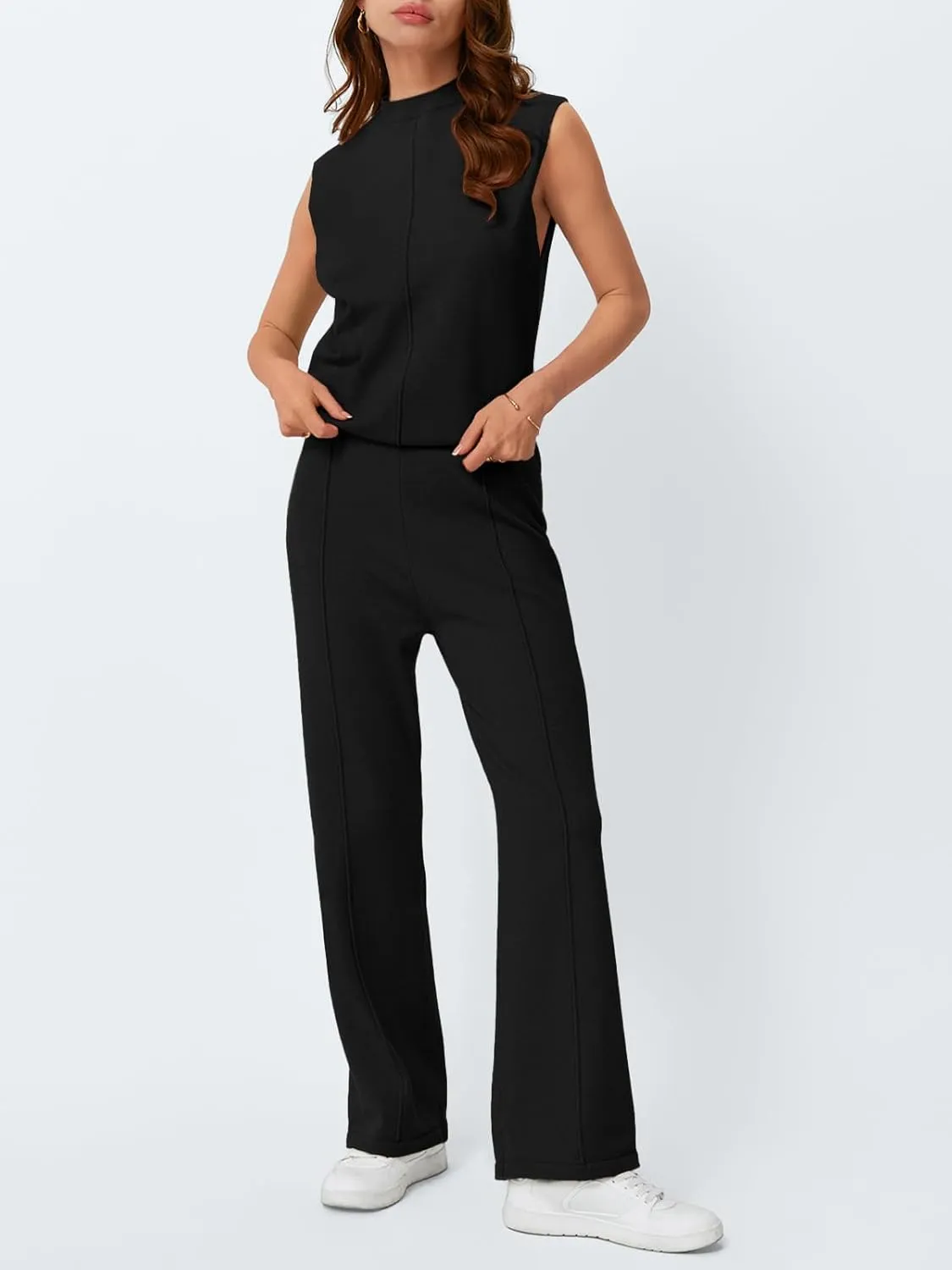 LILLUSORY Lounge Sets for Women Summer 2 Piece Outfits 2025 Two Piece Vacation Matching Mock Neck Sweater Set Tracksuit
