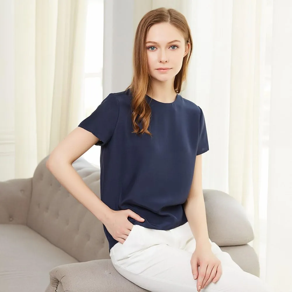 LilySilk Silk Blouses for Women Short Sleeve 100 Pure Mulberry 22 Momme Ladies Silk Tops Button Slit Back Closure