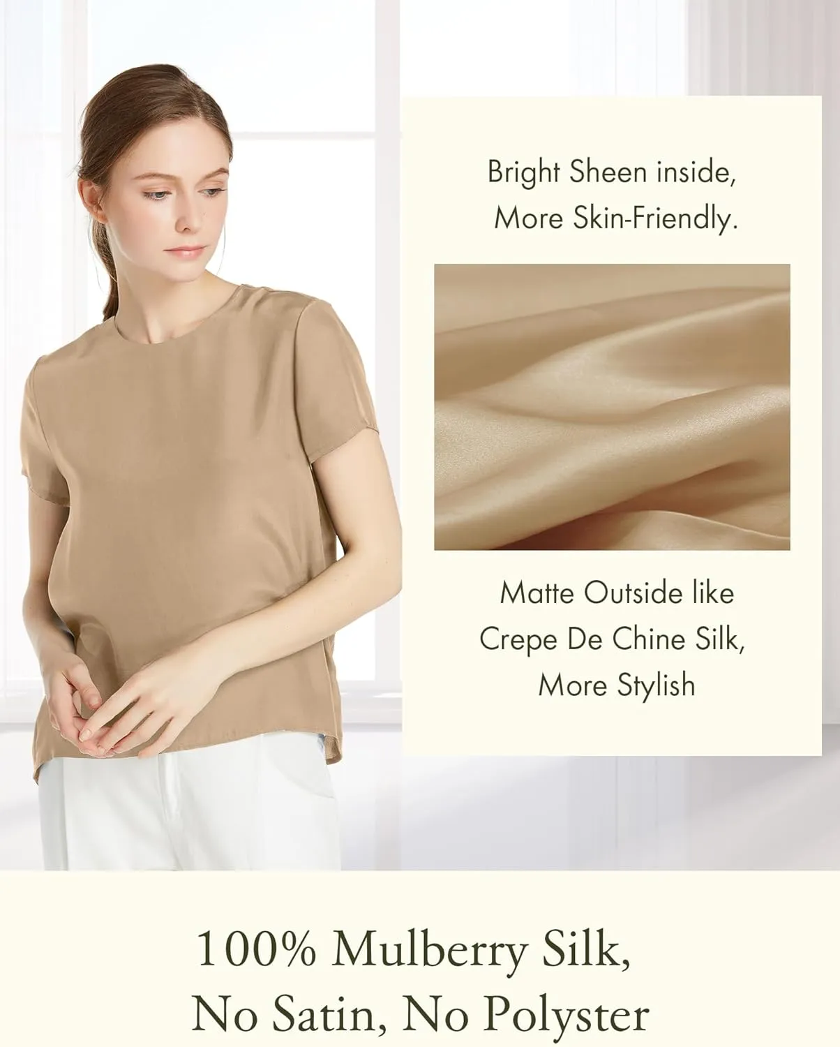 LilySilk Silk Blouses for Women Short Sleeve 100 Pure Mulberry 22 Momme Ladies Silk Tops Button Slit Back Closure