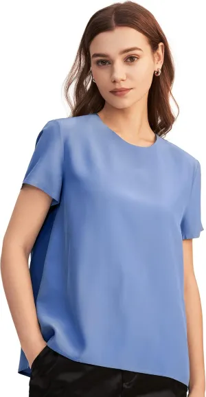 LilySilk Silk Blouses for Women Short Sleeve 100 Pure Mulberry 22 Momme Ladies Silk Tops Button Slit Back Closure