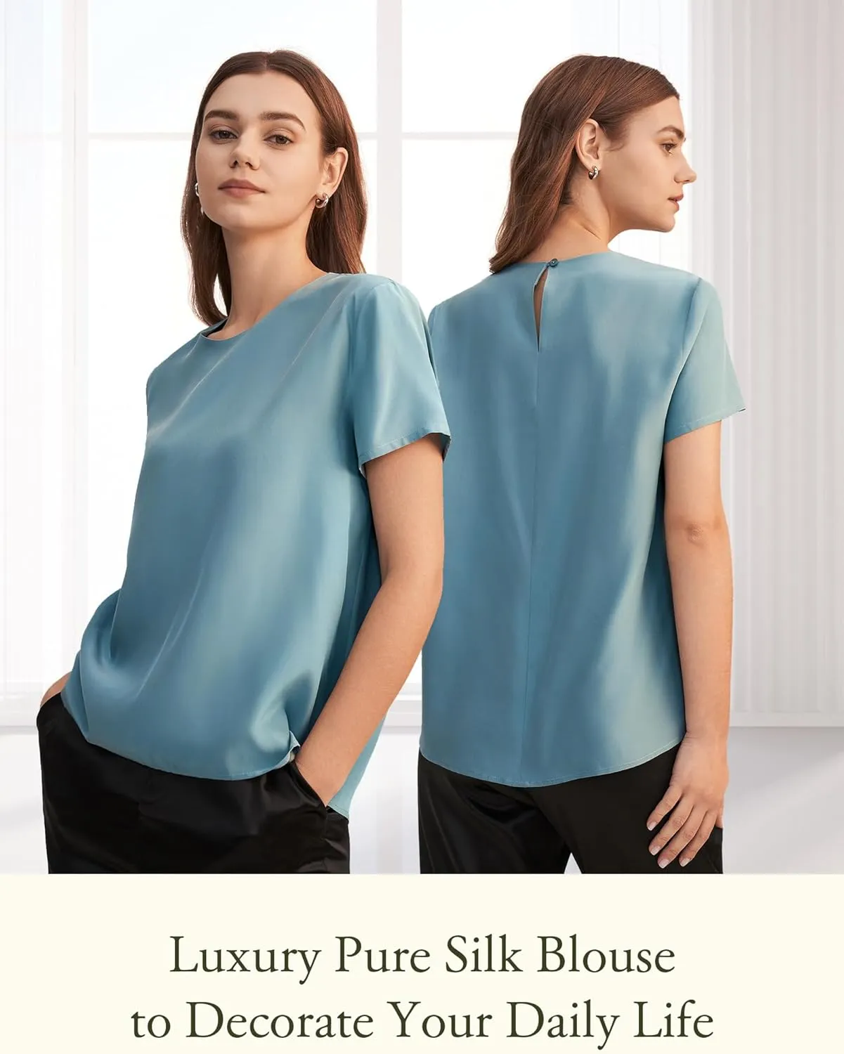 LilySilk Silk Blouses for Women Short Sleeve 100 Pure Mulberry 22 Momme Ladies Silk Tops Button Slit Back Closure