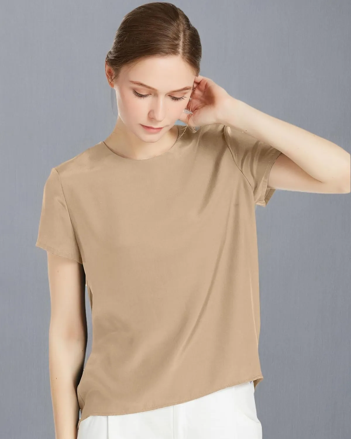LilySilk Silk Blouses for Women Short Sleeve 100 Pure Mulberry 22 Momme Ladies Silk Tops Button Slit Back Closure