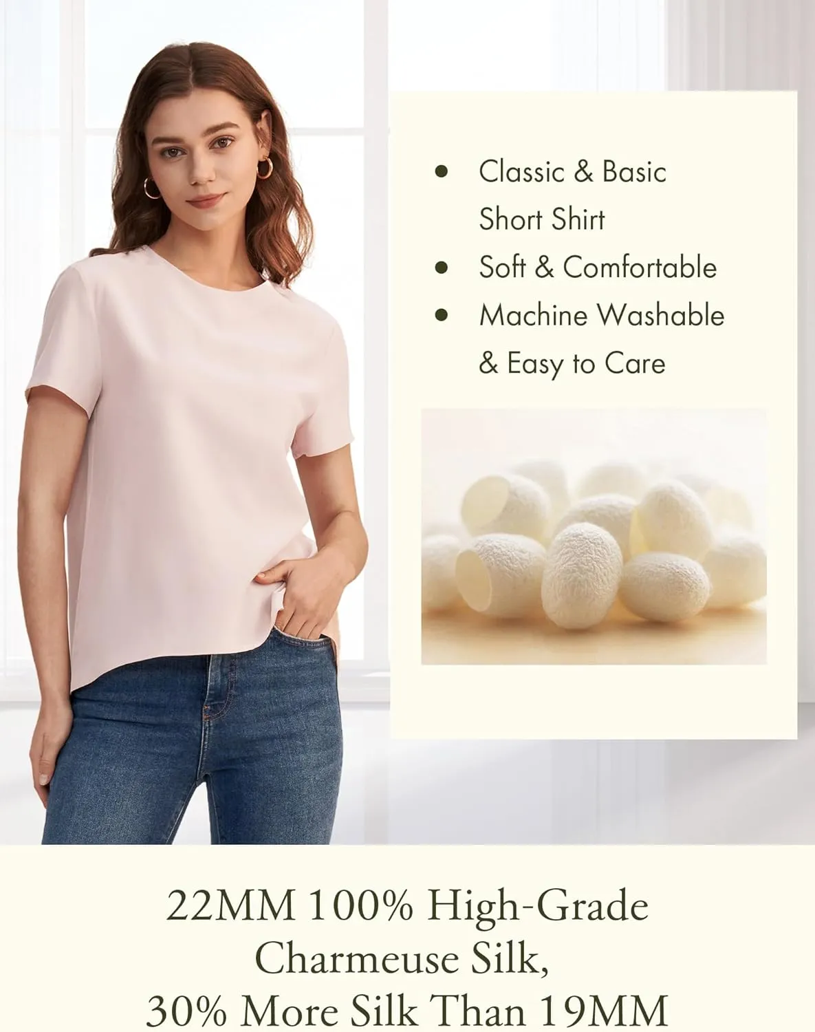 LilySilk Silk Blouses for Women Short Sleeve 100 Pure Mulberry 22 Momme Ladies Silk Tops Button Slit Back Closure