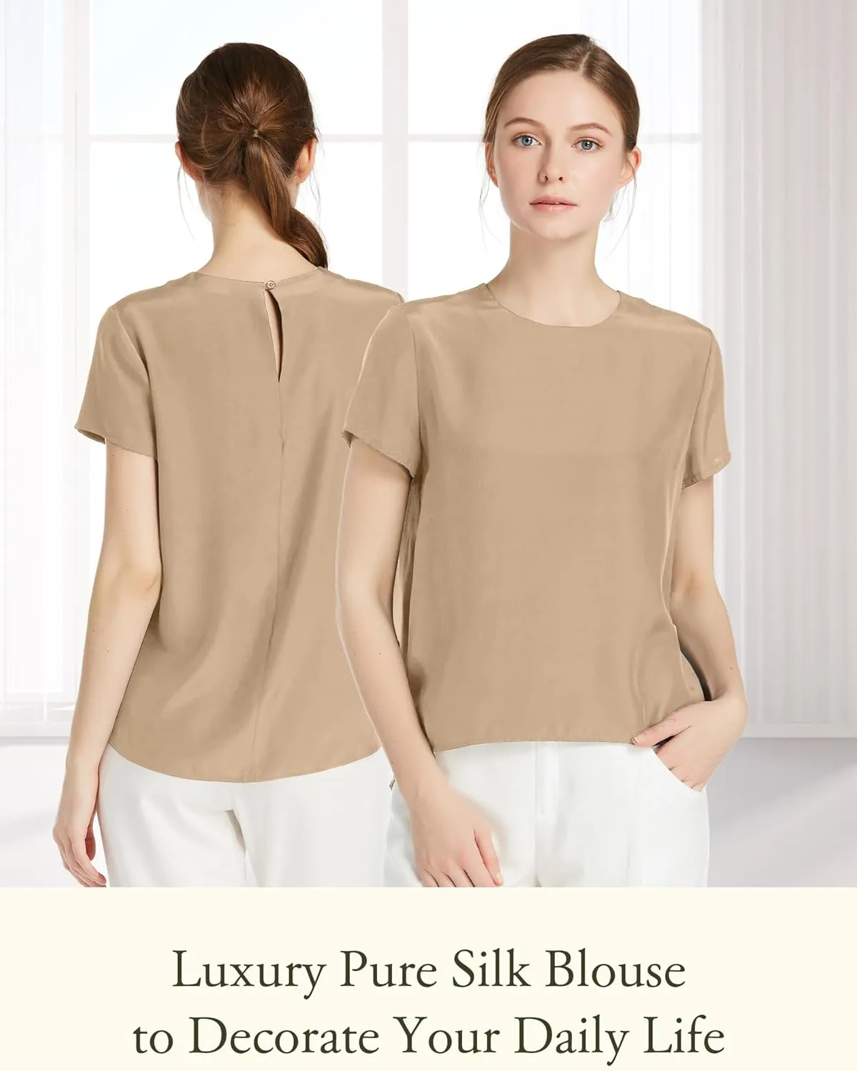 LilySilk Silk Blouses for Women Short Sleeve 100 Pure Mulberry 22 Momme Ladies Silk Tops Button Slit Back Closure